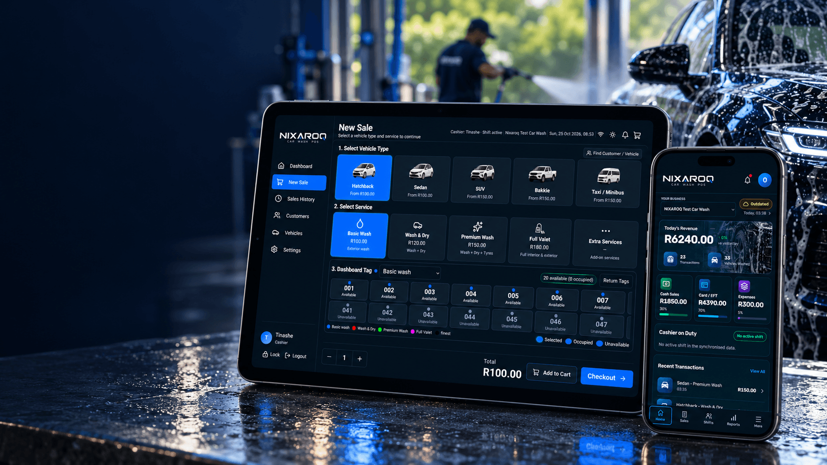 Nixaroq POS with Dashboard Tags on a tablet and Remote Owner Dashboard on a phone in a car wash