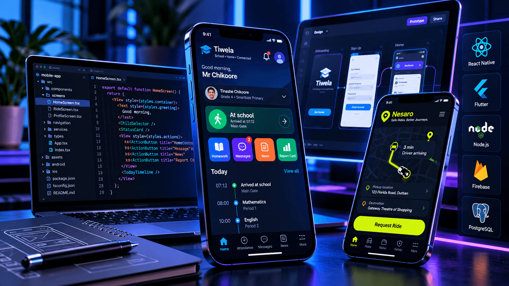 Application development workspace with mobile interfaces, code and design screens