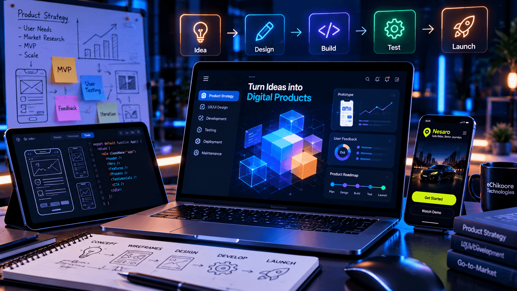 Product development workspace showing strategy, design, build, test and launch