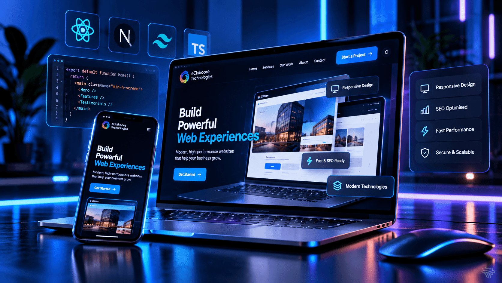 Web development workspace with responsive website designs on a laptop and phone