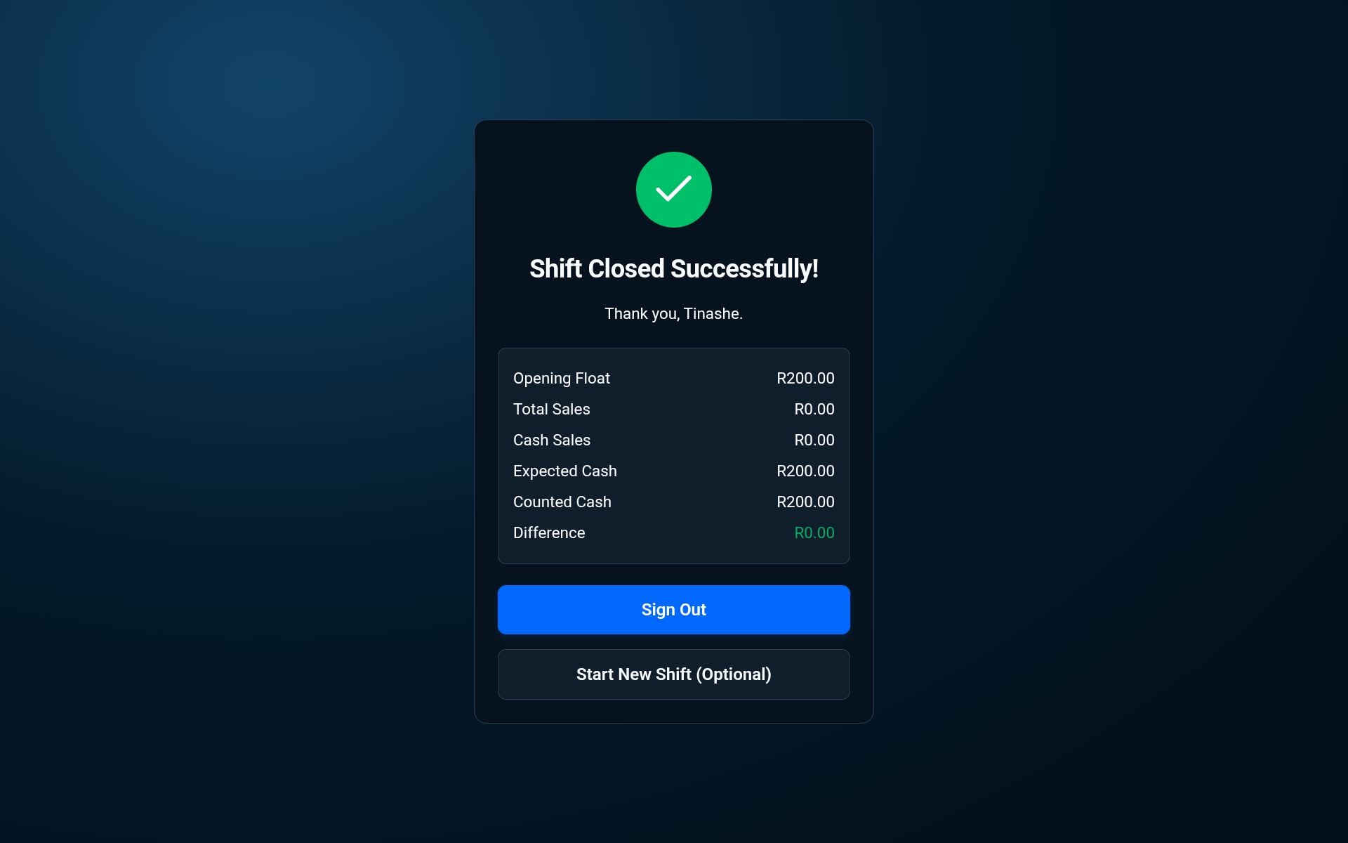 Cashier POS: Cash Up, genuine Nixaroq application screenshot