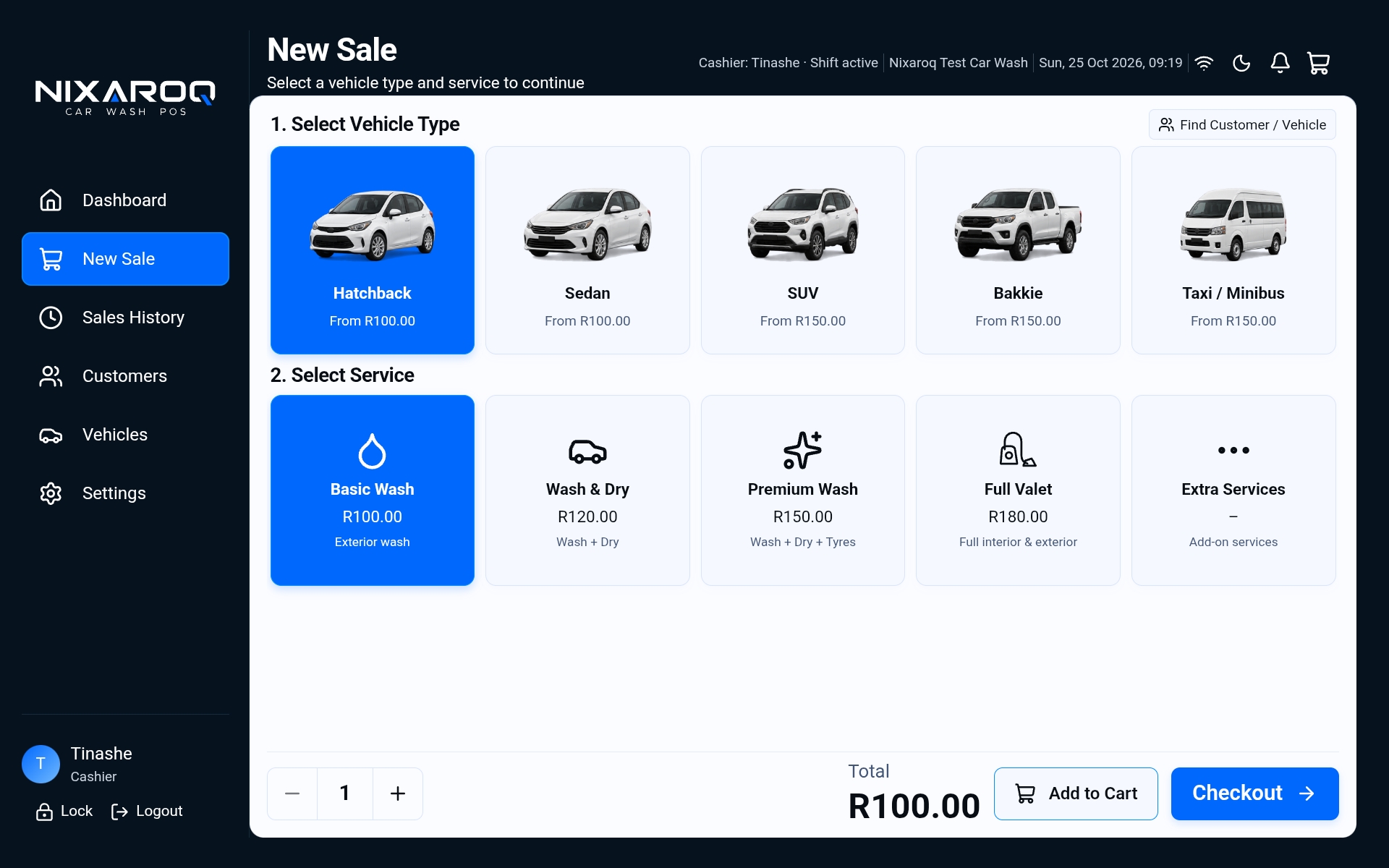 Actual NIXAROQ New Sale interface in light mode, displayed in a landscape tablet