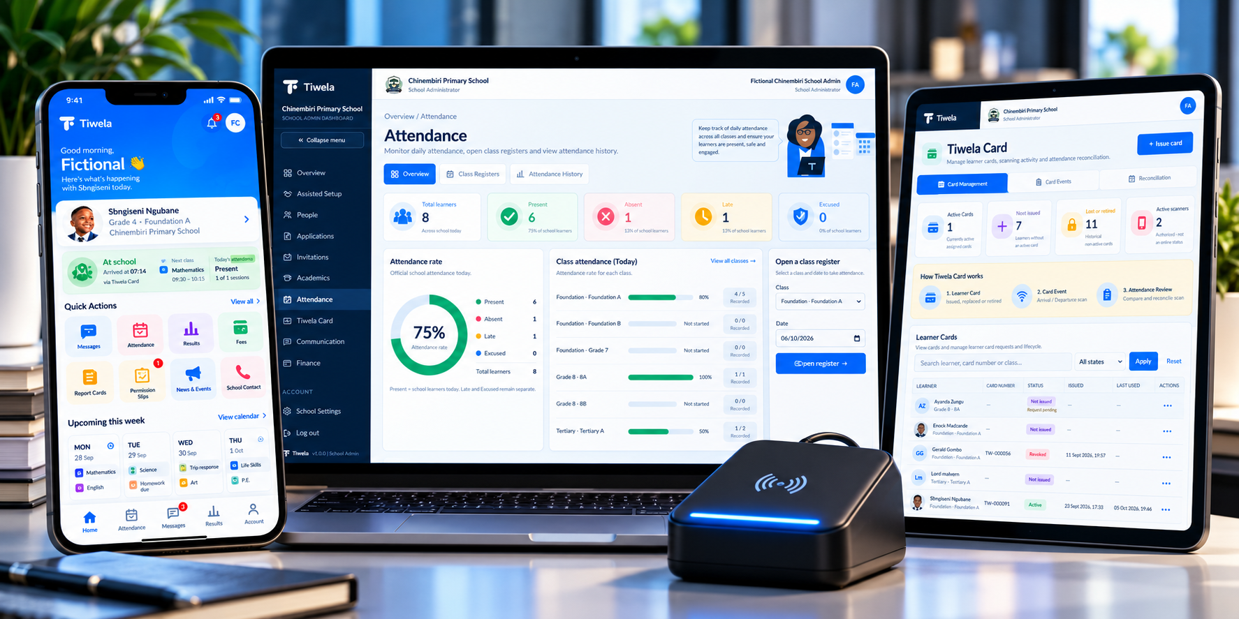 Founder-supplied Tiwela presentation showing parent, attendance and card-management interfaces with an NFC reader